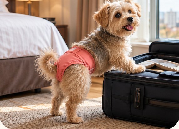 Small dog by a suitcase in a hotel room wearing a pink Snugtail diaper