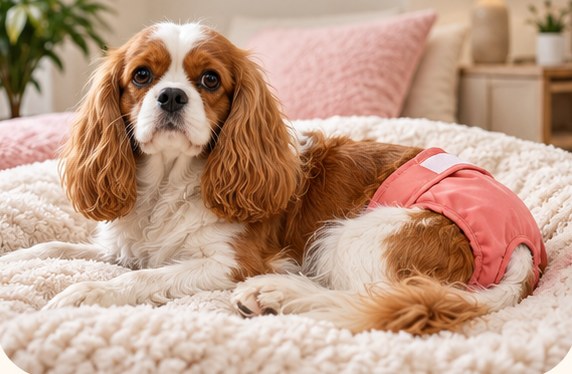 Cavalier King Charles resting on a bed wearing a pink Snugtail diaper