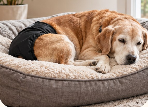Senior golden dog sleeping on a dog bed wearing a black Snugtail diaper