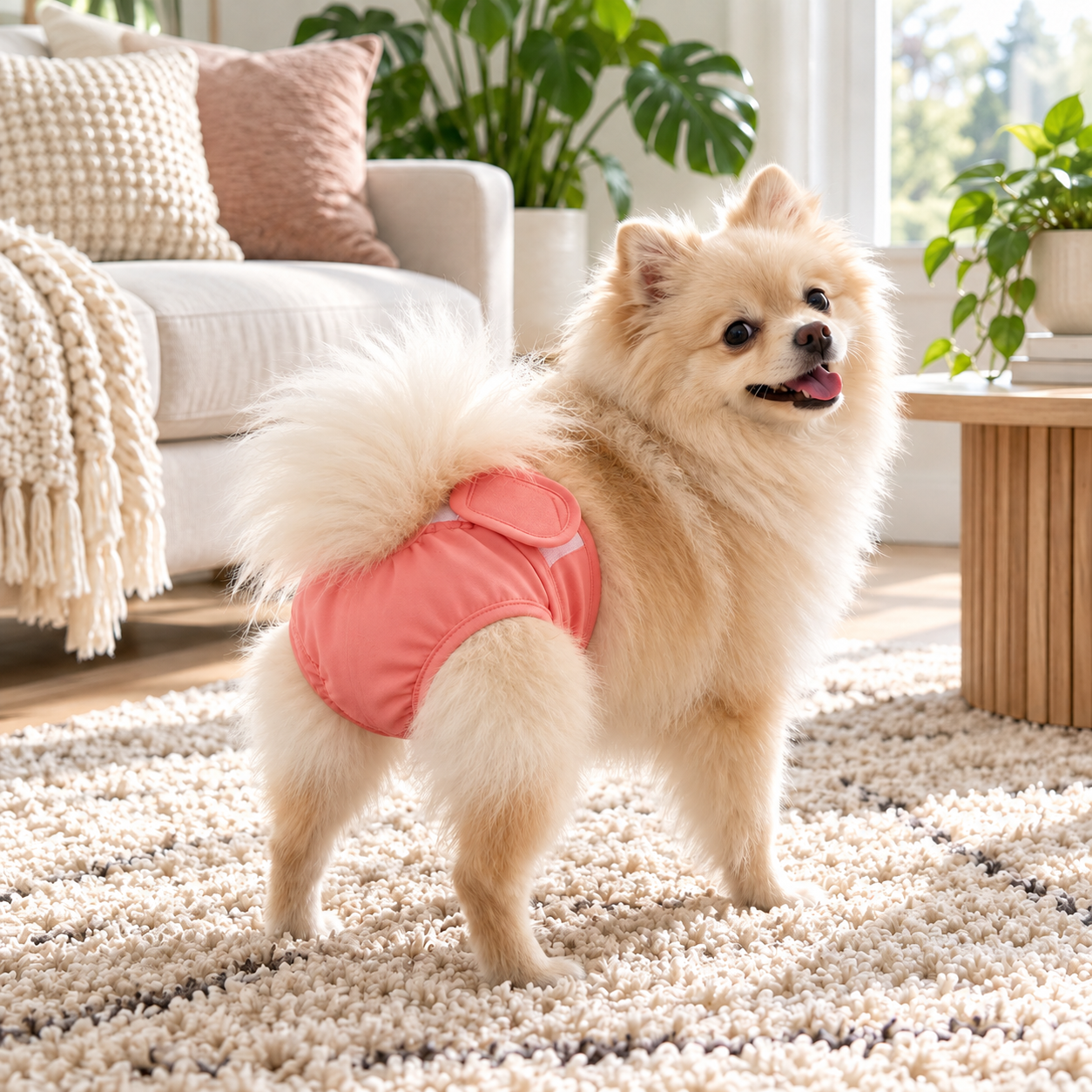 Small dog wearing a pink Snugtail diaper in a living room