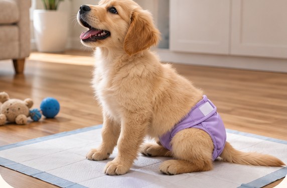 Golden puppy on a training pad wearing a purple Snugtail diaper